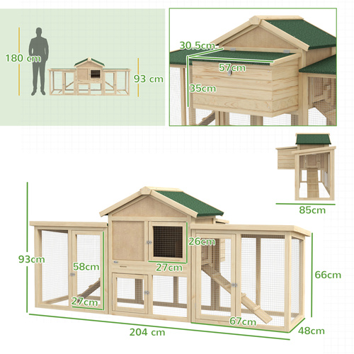 PawHut Large Chicken Coop, Wooden Garden Hen House, Poultry Coops Cages with Run, Nesting Box, Natural Wood Finish