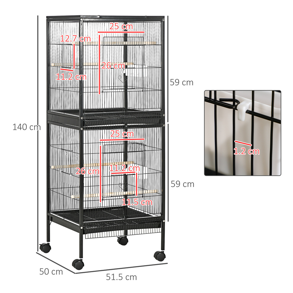 PawHut Bird Cage Budgie Cage 2 In 1 Large Aviary with Wheels Removable Trays for Finch Canaries Cockatiels Black