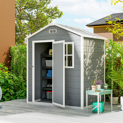 Outsunny 6 x 4ft Plastic Shed with Floor, Wood Effect Resin Garden Shed with Window, Lockable Door, Lock and Keys, Vents, All Weather Resistant for Outdoor, Patio, Lawn, Grey