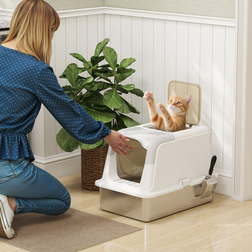 PawHut Extra Large Stainless Steel Litter Box, Enclosed Cat Litter Tray with Scoop, Deodorizer Bag, Front-Entry and Top-Exit