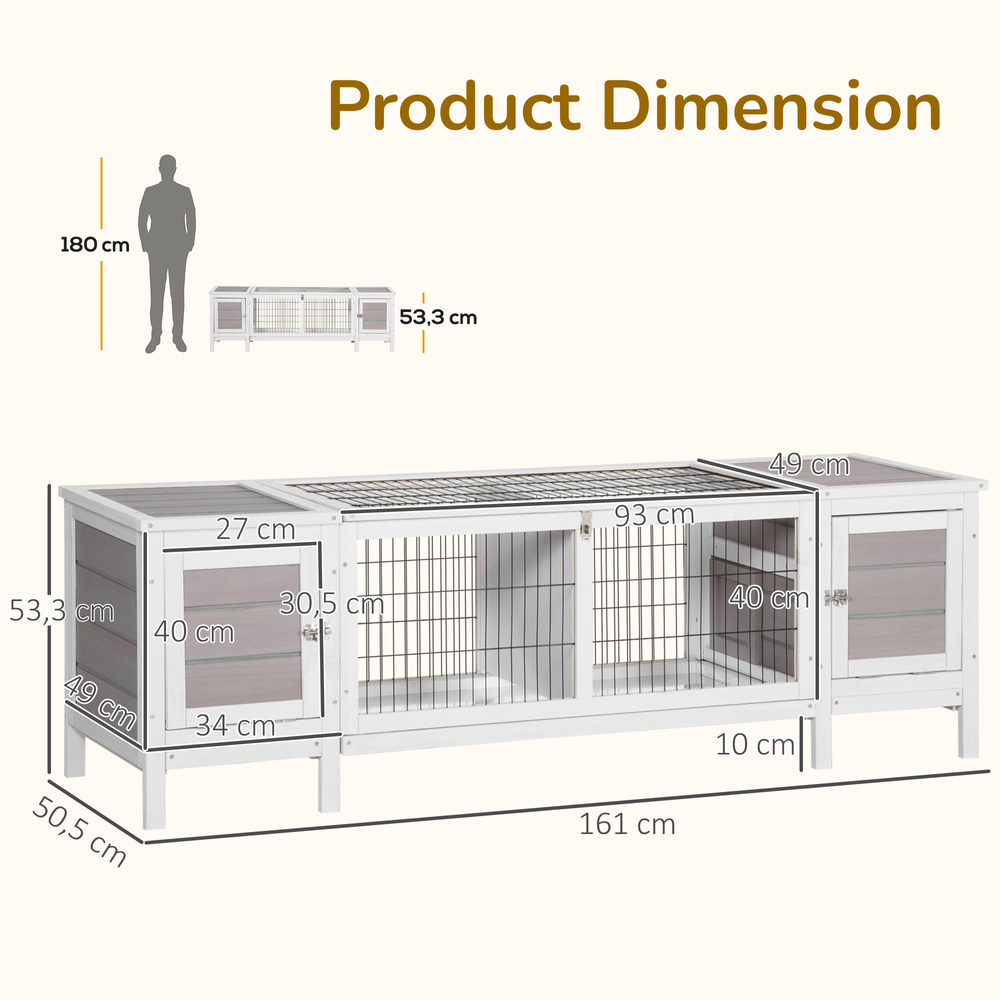 PawHut Rabbit Hutch and Run, with Removable Tray - Grey