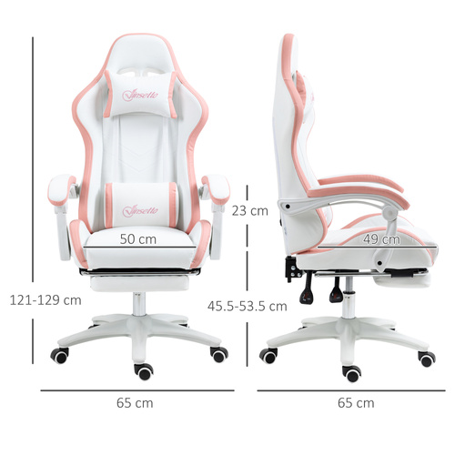 Vinsetto Computer Gaming Chair, PU Leather Office Desk Chair with Footrest, Swivel Wheels, 135° Reclining Back, Lumbar Support, Headrest for Home, White and Pink