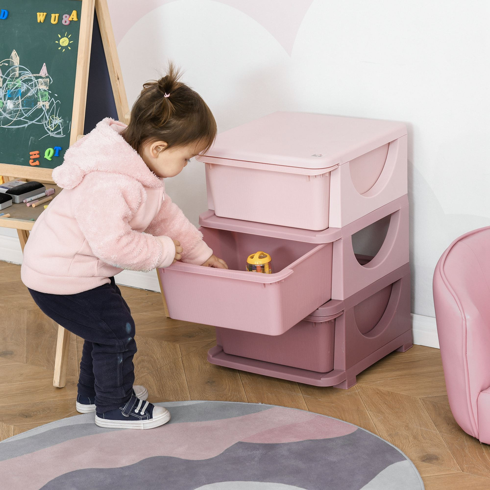 HOMCOM 3 Drawers Plastic Storage Units, 3 Tier Kids Storage Units, Children Toy Chest for Nursery, Playroom, Bedroom, Pink