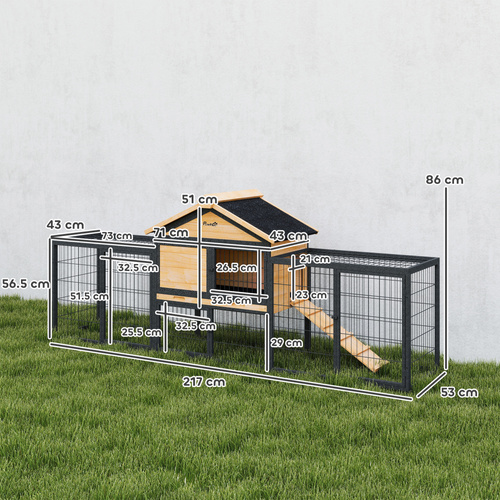 PawHut Wooden Rabbit Hutch Outdoor with Steel Run, Wooden Guinea Pig Cage with Removable Plastic Tray, Asphalt Roof, Ramp