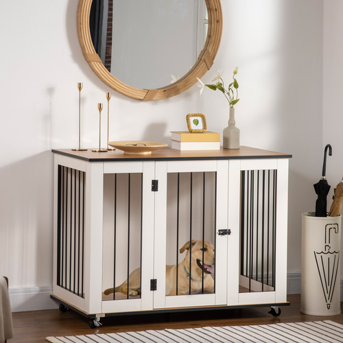 PawHut Dog Crate Furniture, Dog Cage End Table, with Wheels, for Large Dogs, 106 x 60 x 82 cm  - White