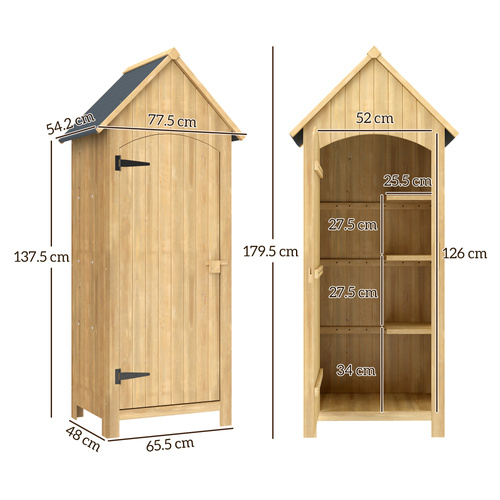 Outsunny Wooden Garden Storage Shed with 3 Shelves, Outdoor Tool Storage Cabinet with Tilt Roof and Lockable Door, 77.5 x 54.2 x 179.5 cm, Natural