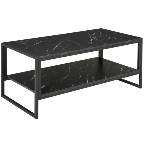 HOMCOM Coffee Table, Two-Tier Faux Marble Effect Centre Table with Metal Frame and Storage Shelf for Living Room, 106 x 50 x 45cm, Black