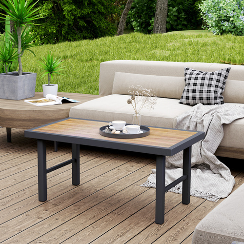 Outsunny Metal Garden Coffee Table, Outdoor Side Table with SPC Woodgrain Tabletop for Outside, Garden, Balcony, Porch, 100 x 53 x 46cm, Brown