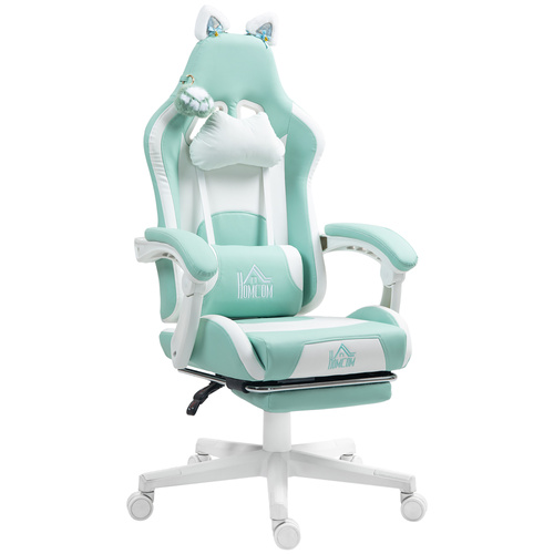 HOMCOM Cat Ear and Paw Reclining Office Chair, with Footrest - Light Blue/White