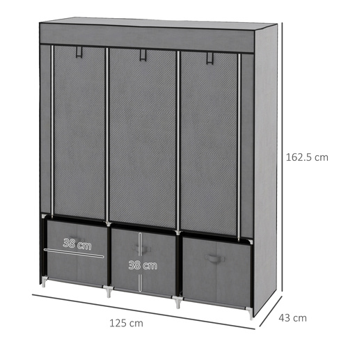 HOMCOM Foldable Fabric Wardrobe for Bedroom, Portable Wardrobe with 5 Shelves, 2 Hanging Rails and 3 Fabric Drawers, Dark Grey