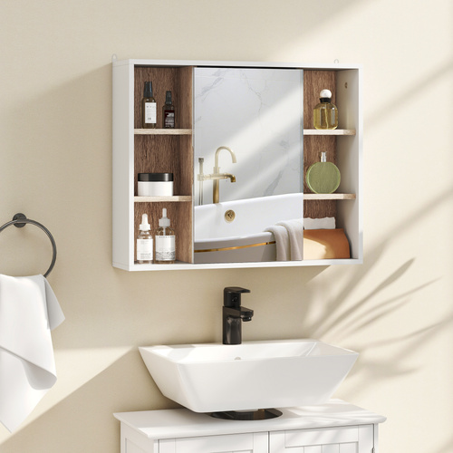 HOMCOM Bathroom Mirror Cabinet, Wall Mounted Storage Cabinet with Open Cupboard and Adjustable Shelf, White