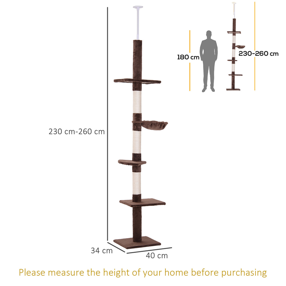 PawHut Floor to Ceiling Cat Tree 230-260cm Height Adjustable, 5-Tier Cat Tower with Scratching Posts, Hammock, Perches, Climbing Activity Centre for Indoor Kittens Playing and Relaxing, Brown