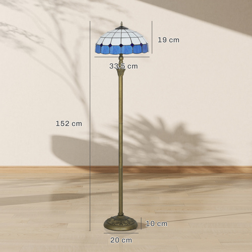 HOMCOM Tiffany-Style Floor Lamp with Handcrafted Stained Glass Shade, 152cm Tall Vintage Standing Lamp with Foot Switch and Dual Sockets, Bronze Tone and Blue