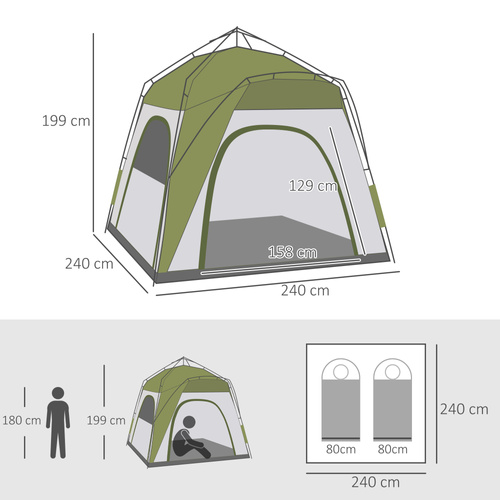 Outsunny Instant Pop Up Camping Tent, 4 Man Dome Tent with 4 Doors, Sewn-in Groundsheet, Carry Bag and Top Hook for Fishing Hiking Festival, Green