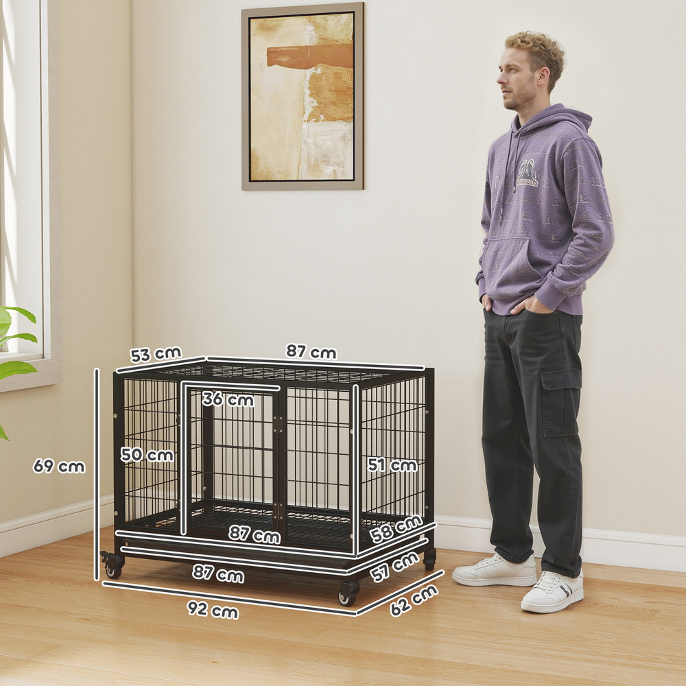 PawHut 36" Heavy Duty Metal Dog Crate Pet Cage with Tray Wheeled Dog Kennel - Black (Medium)