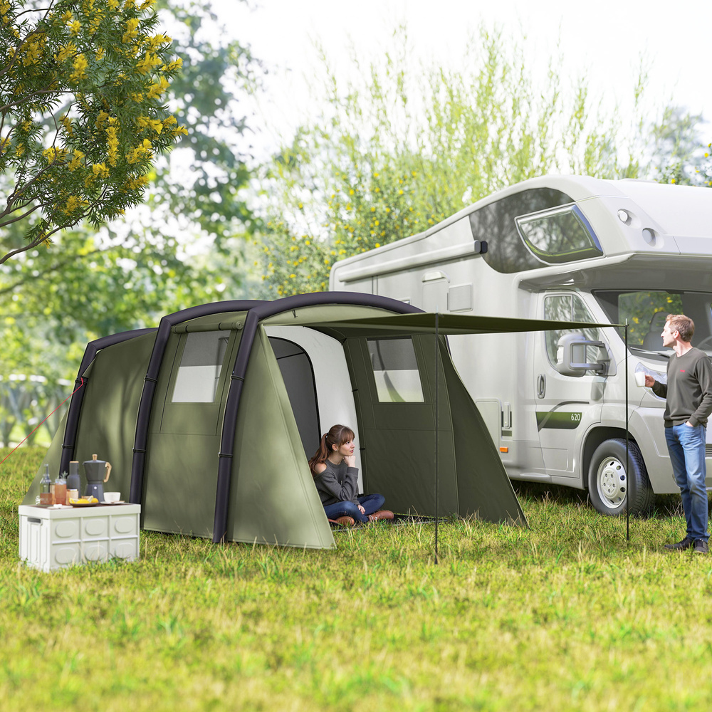 Outsunny Inflatable 3-4 Man Tunnel Tent w/ Air Pump, Living Area & Vestibule, Waterproof Family Camping Air Tent w/ Sewn In Groundsheet & Removable Footprint for Camping, Hiking, Olive Green