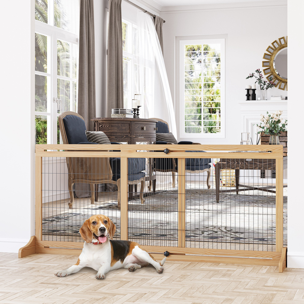 PawHut Freestanding Dog Gate, Foldable Pet Fence, Indoor Wood Barrier, Stair Gate with Support Feet, for Doorway, Hallway, Small and Medium Dogs, 69H x 104-180 cm, Natural Wood Finish