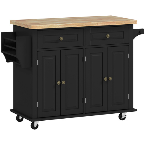 HOMCOM Rolling Kitchen Island Storage Trolley with Rubber Wood Top & Drawers for Dining Room, Black