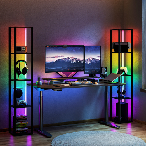 HOMCOM RGB LED Floor Lamp with Shelves, Modern Dimmable Standing Lamp with Remote Control, Adjustable Brightness & Speed for Living Room, Bedroom, Office, Black