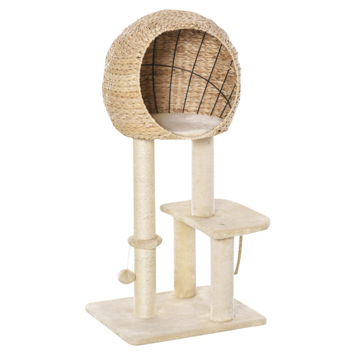 PawHut Cat Tree for Indoor Cats 100cm Kitten Climbing Tower Activity Center with Sisal Scratching Post Condo Perch Hanging Balls Teasing Rope Toy Cushion