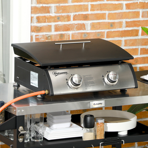 Outsunny Portable Tabletop Gas Plancha Grill w/ 2 Stainless Steel Burner, 5kW, Non-Stick Griddle for BBQ Camping Picnic Party