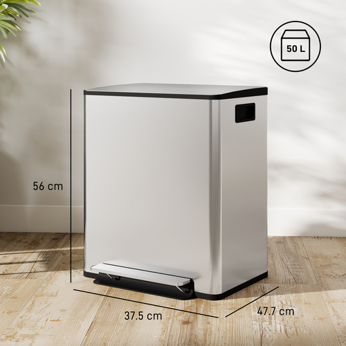 HOMCOM 50L Dual Compartment Stainless Steel Bin, with Deodoriser Holders - Silver