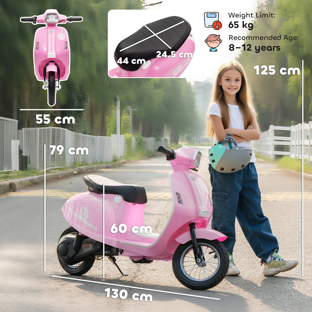AIYAPLAY 24V Kids Electric Motorbike, Ride on Motorcycle with Manual Throttle, Brakes and LED Lights for Ages 8-12 Years, Pink