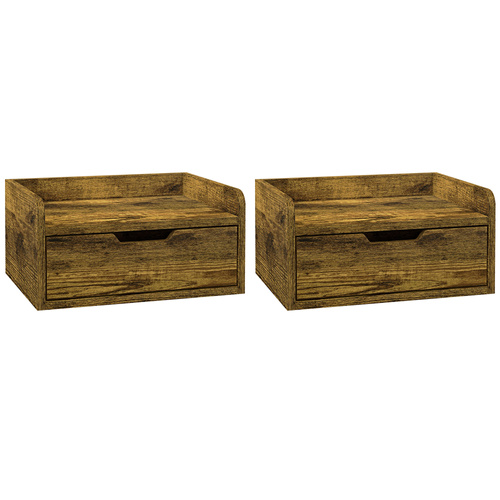 HOMCOM Floating Nightstands Set of 2, Wall Mounted Bedside Table with Drawer for Bedroom, Rustic Brown
