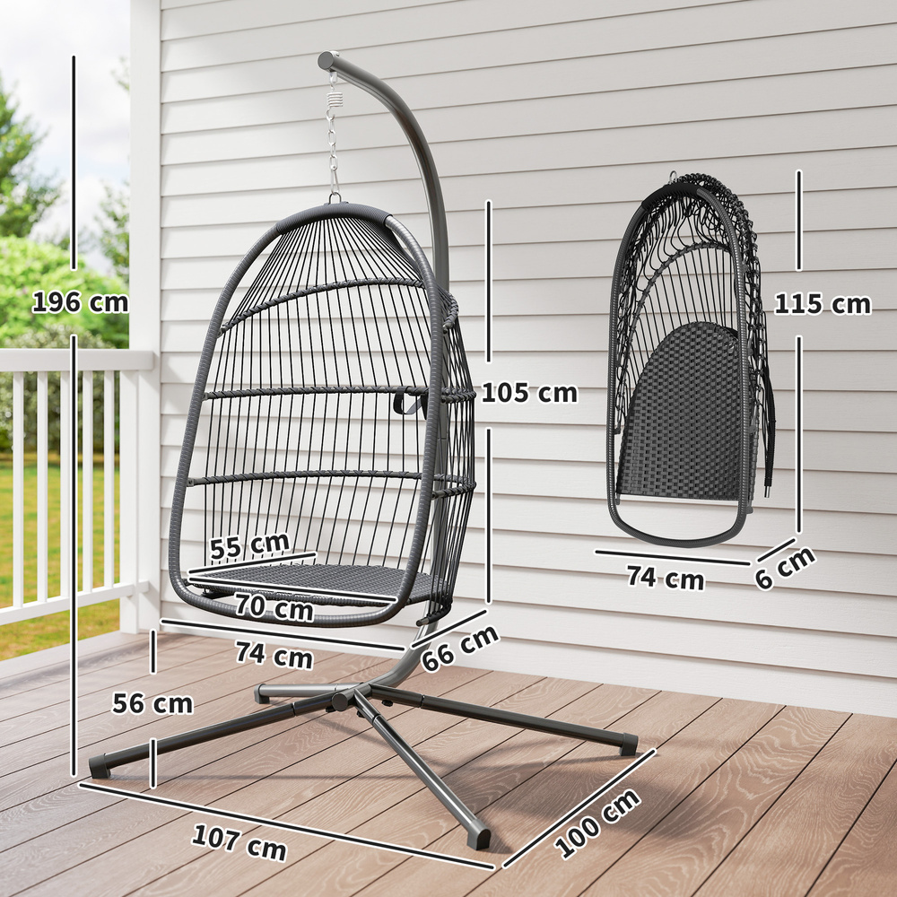Outsunny Rattan Hanging Egg Chair with Stand, Foldable Wicker Swing Egg Chair with Cushion, Head Pillow, Steel Frame, Hammock Chair for Indoor Outdoor, Capacity 150 kg, Dark Grey