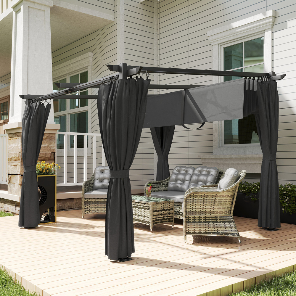 Outsunny 3 x 3 m Retractable Roof Pergola, with Curtains - Dark Grey