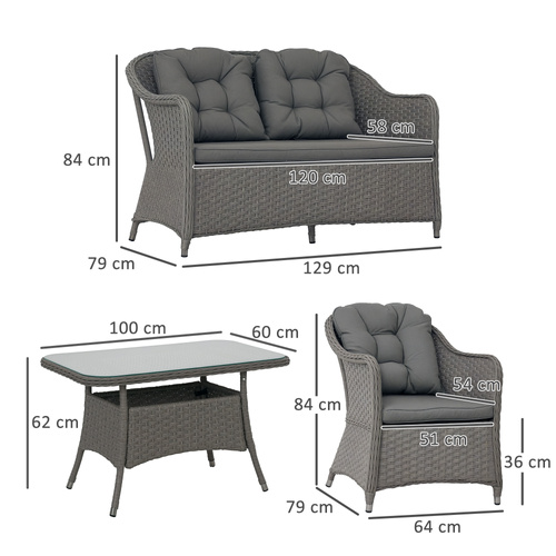 Outsunny Four-Piece Rattan Set, with Glass-Top Table - Light Grey