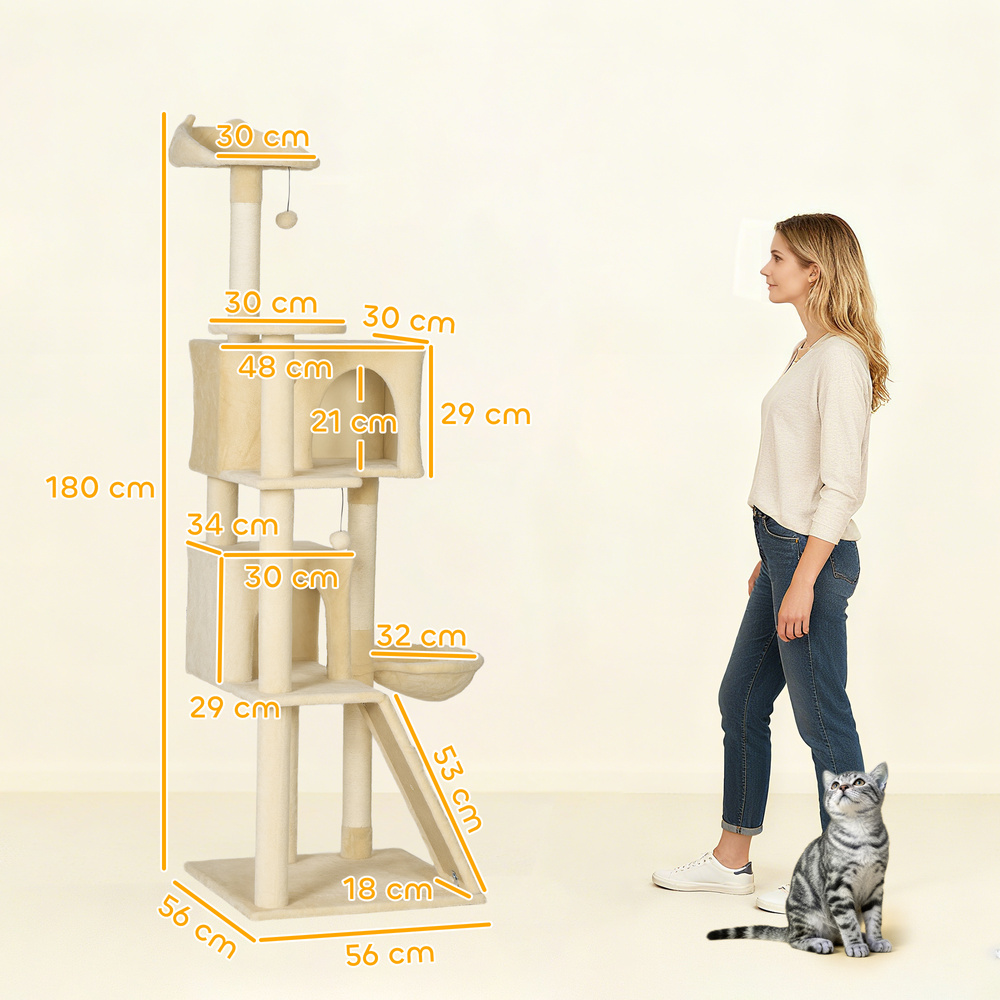 PawHut 180cm Large Cat Tree Tower with Sisal Scratching Posts, Condos, Plush Perches, Hammock, Ladder, Beige