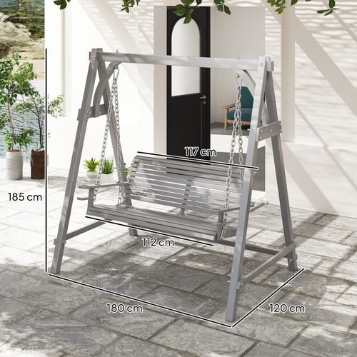 Outsunny 2 Seater Garden Swing Seat, Wooden Swing Chair Bench with Cup Holders for Outdoor Porch Patio, Grey