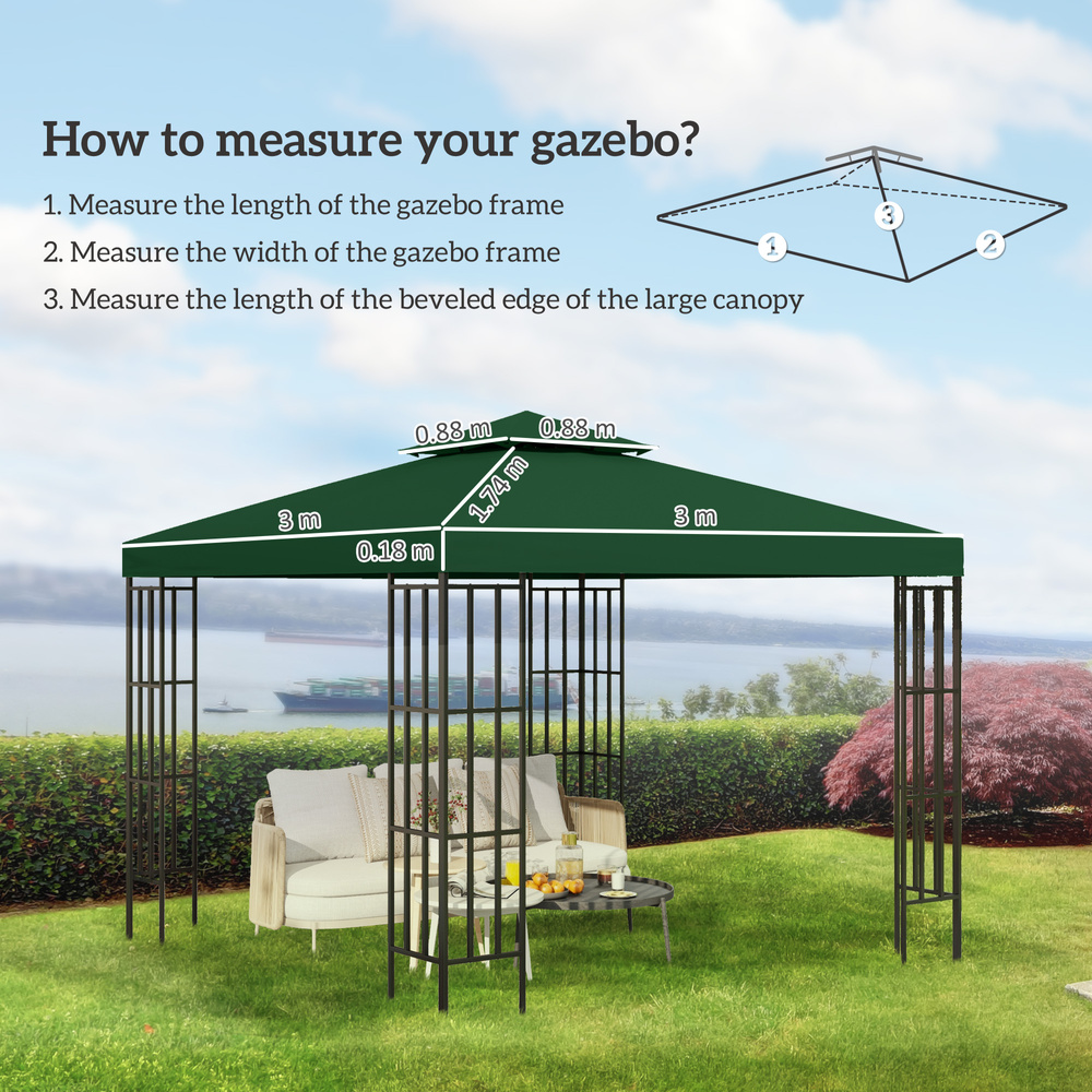 Outsunny 3(m) Gazebo Top Cover Double Tier Canopy Replacement Pavilion Roof Dark Green