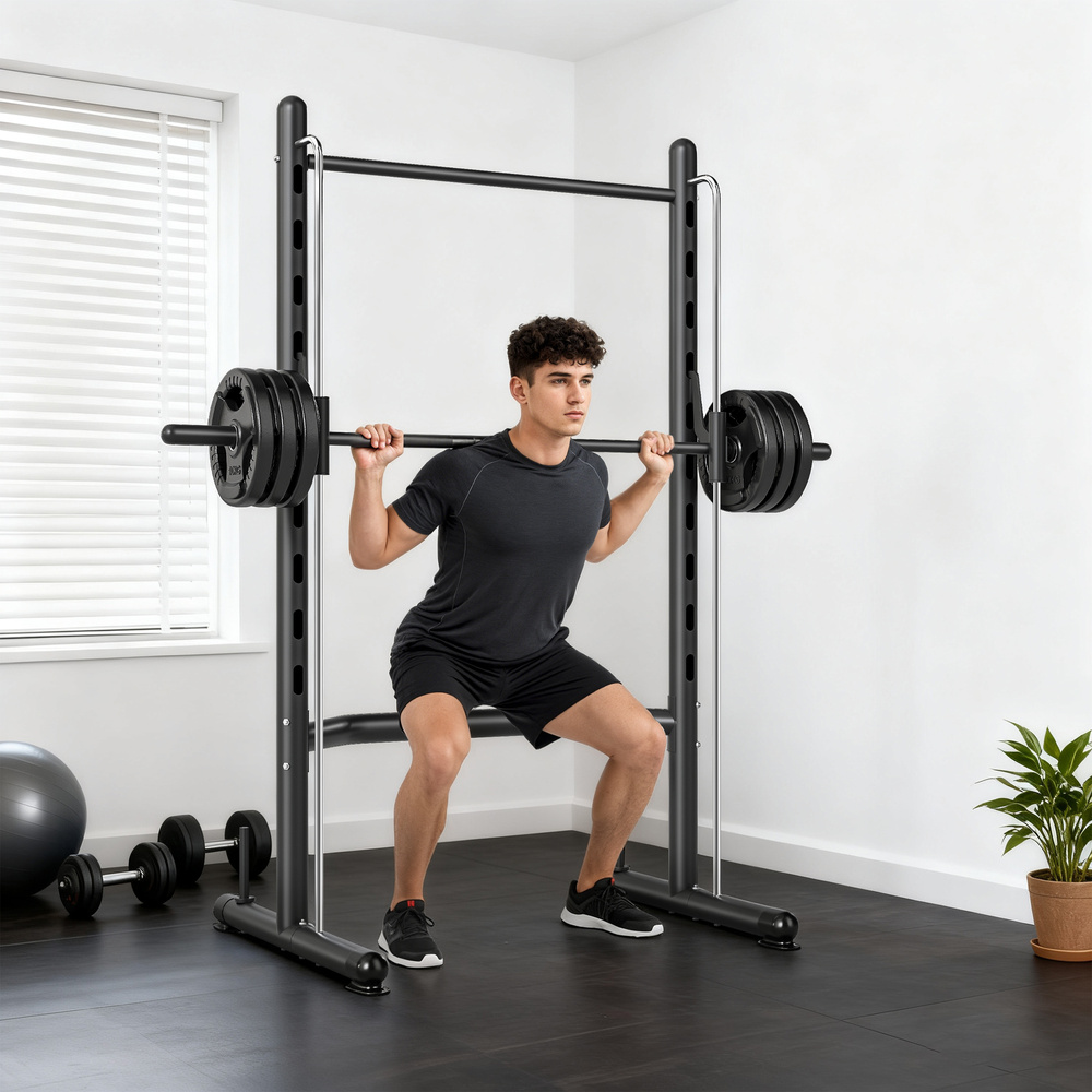 HOMCOM Adjustable Squat Rack, with Pull Up Bar, Barbell Bar for Home Gym
