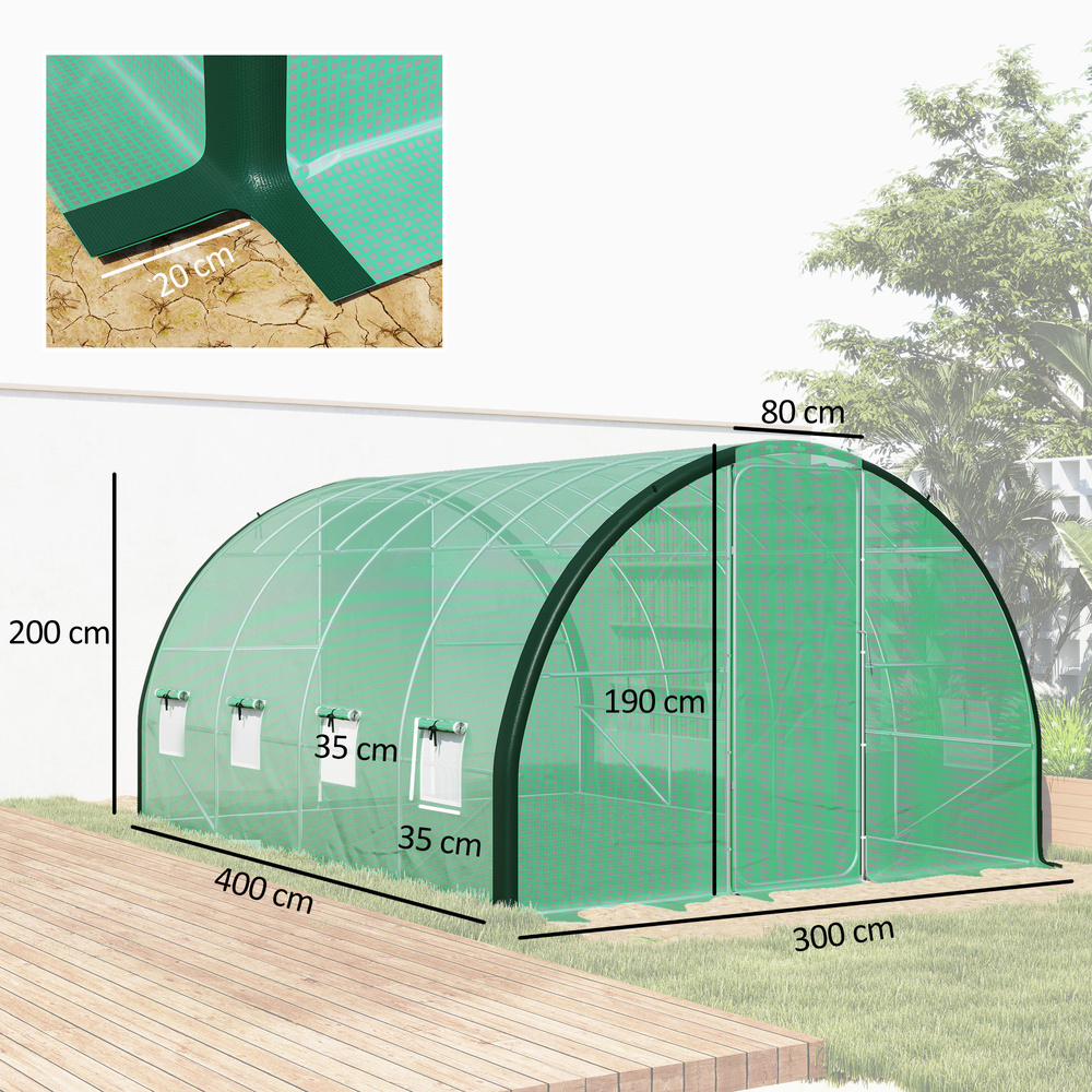 Outsunny 4 x 3 m Polytunnel Greenhouse with Windows and Doors and Galvanised Steel Frame - Green