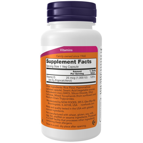 Now Foods Vitamin D 1000 IU Vegetarian Dry Wspiera Układ Odpornościowy i Zdrowie Kości 120 Kapsułek