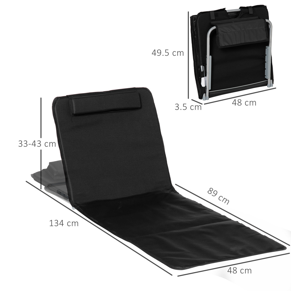 Outsunny Set of 2 Foldable Garden Beach Chair Mat Lightweight Outdoor Sun Lounger Seats Adjustable Back Metal Frame PE Fabric Head Pillow w/ Carry Bag, Black