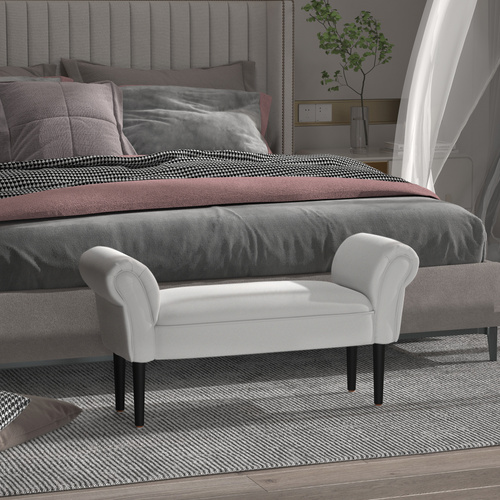 HOMCOM Small Bench, Upholstered Window Seat with Arms and Wooden Legs, Modern Shoe Bench for Entryway, Living Room, Bedroom, Greyish White