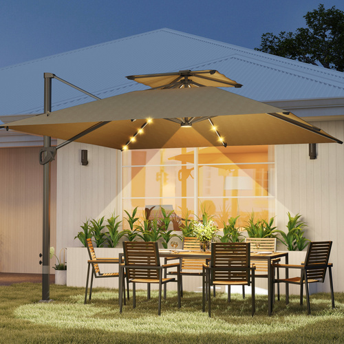 Outsunny Multi-Angle LED Light Parasol Umbrella - Khaki