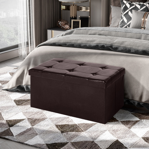 HOMCOM Folding Faux Leather Storage Cube Ottoman Bench Seat PU Rectangular Footrest Stool Box (Brown)