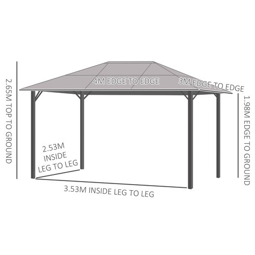 Outsunny 3 x 4m Hardtop Gazebo Canopy with Polycarbonate Roof, Aluminium Frame, Permanent Pavilion Garden Gazebo with Netting and Curtains - Grey