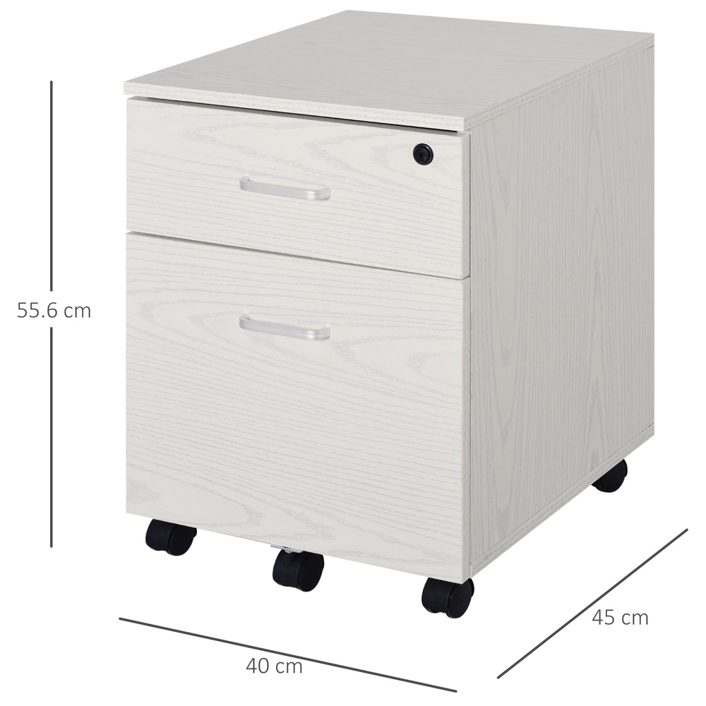 Vinsetto 2-Drawer Locking Office Filing Cabinet w/ 5 Wheels Rolling Storage Hanging A4 Cupboard Home Organisation White Wood Grain