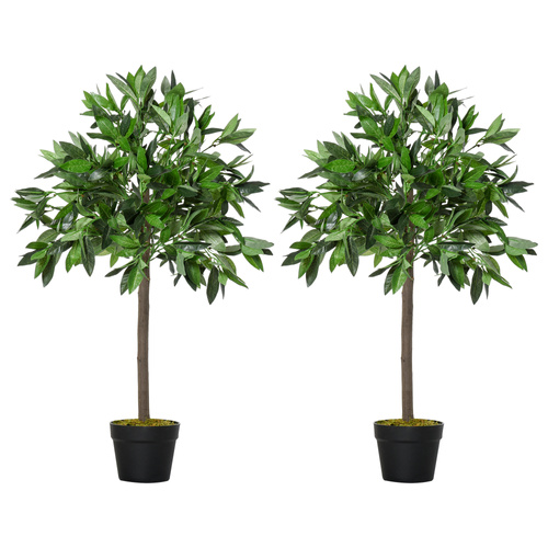 Outsunny Artificial Bay Laurel Topiary Trees w/ Pot Fake, Set Of 2 90cm/3FT Indoor Greenery Plant Home Office Garden Decor Green
