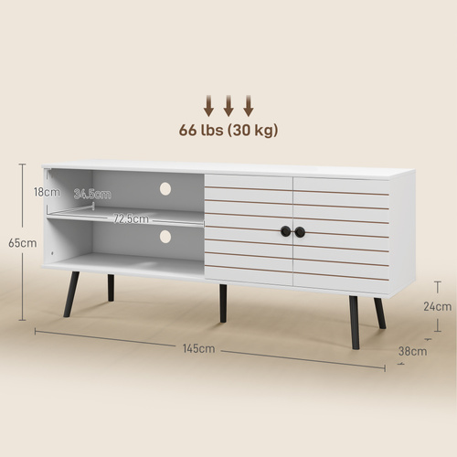 HOMCOM TV Stand with Cupboard, Open Shelves, Striped Doors, Wooden legs, White