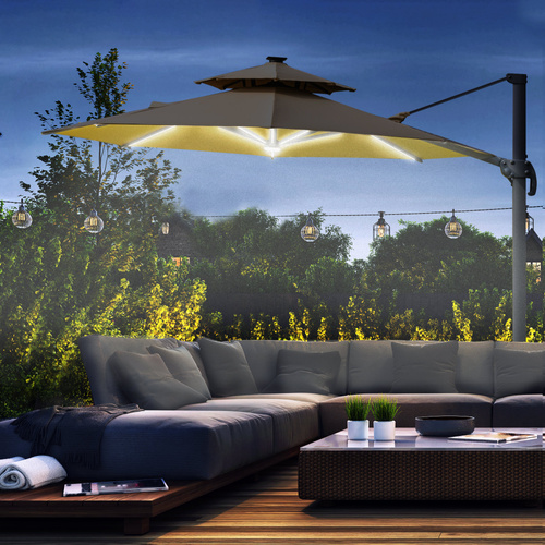 Outsunny 3m Cantilever Parasol w/ Solar Lights Power Bank Base 360° Spin Khaki