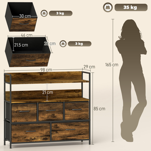 HOMCOM Rustic Chest of Five Fabric Drawers - Rustic Brown