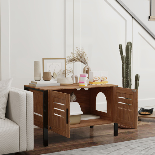 PawHut Cat Litter Box Enclosure with Tall Legs, Scratching Board, Double Doors, Ventilation Holes, 80 x 45 x 50 cm, Dark Brown