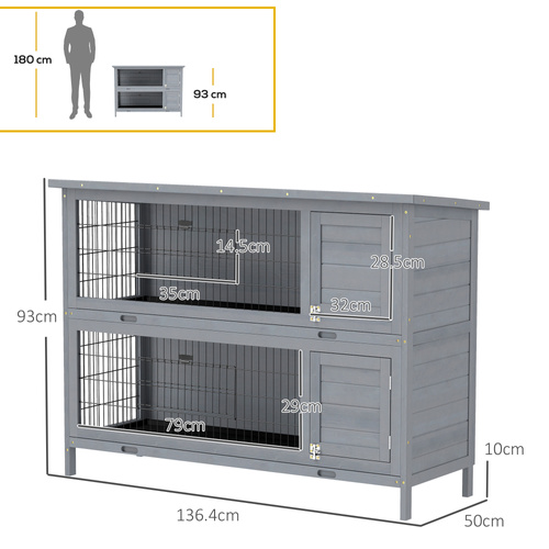 PawHut Rabbit Hutch Outdoor Guinea Pig Hutch Bunny Cage with No-Leak Trays, Divider, 136 x 50 x 93cm, Grey