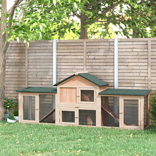 PawHut Wooden Rabbit Hutch 2-Storey with Run Outdoor Bunny Guinea Pig, Natural Wood